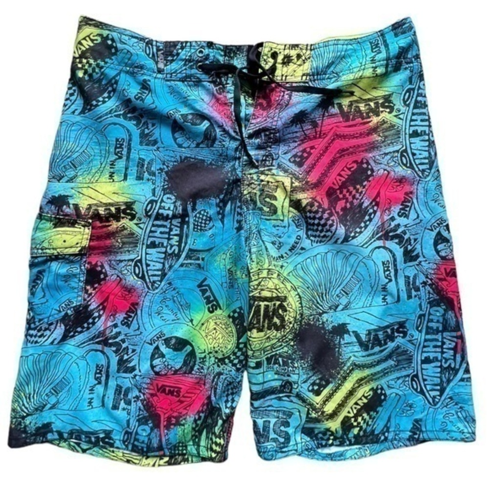 Vans Logo Graffiti Graphic Print Swim Trunks, Board Shorts - Unique, Colorful